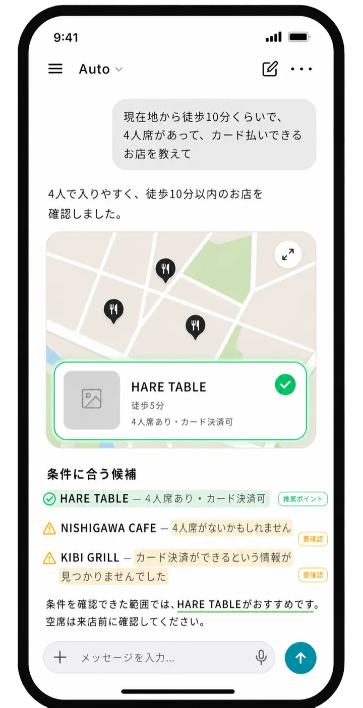 AIに「徒歩10分・4人席・カード払い」と伝えてお店を探すスマホ画面のイメージ